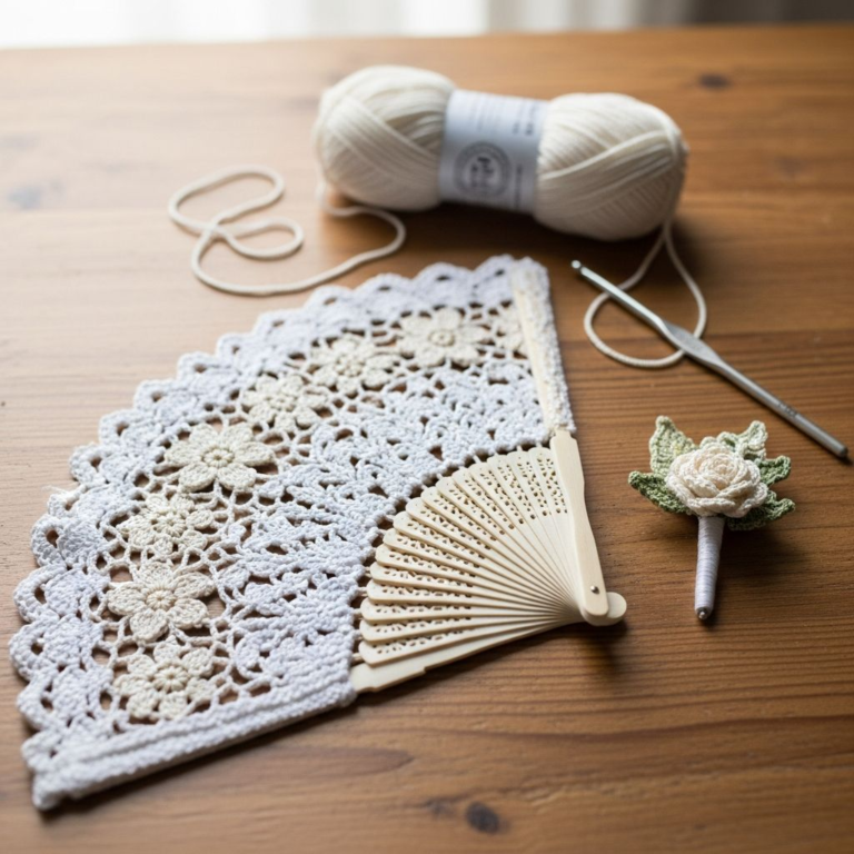 Floral Elegance: Crochet Bridal Hand Fan and Boutonniere Set
